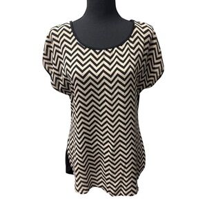 Espresso Black Tan Chevron Print Chiffon Blouse Medium